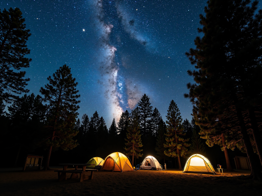 夜空观星场景，银河清晰可见，露营者仰望星空，荒野环境